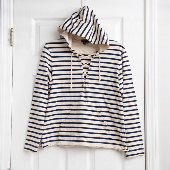 Polo Jeans Company Womans M Pull Over Navy Blue & White Stripe Hooded Drawstring - Picture 1 of 4